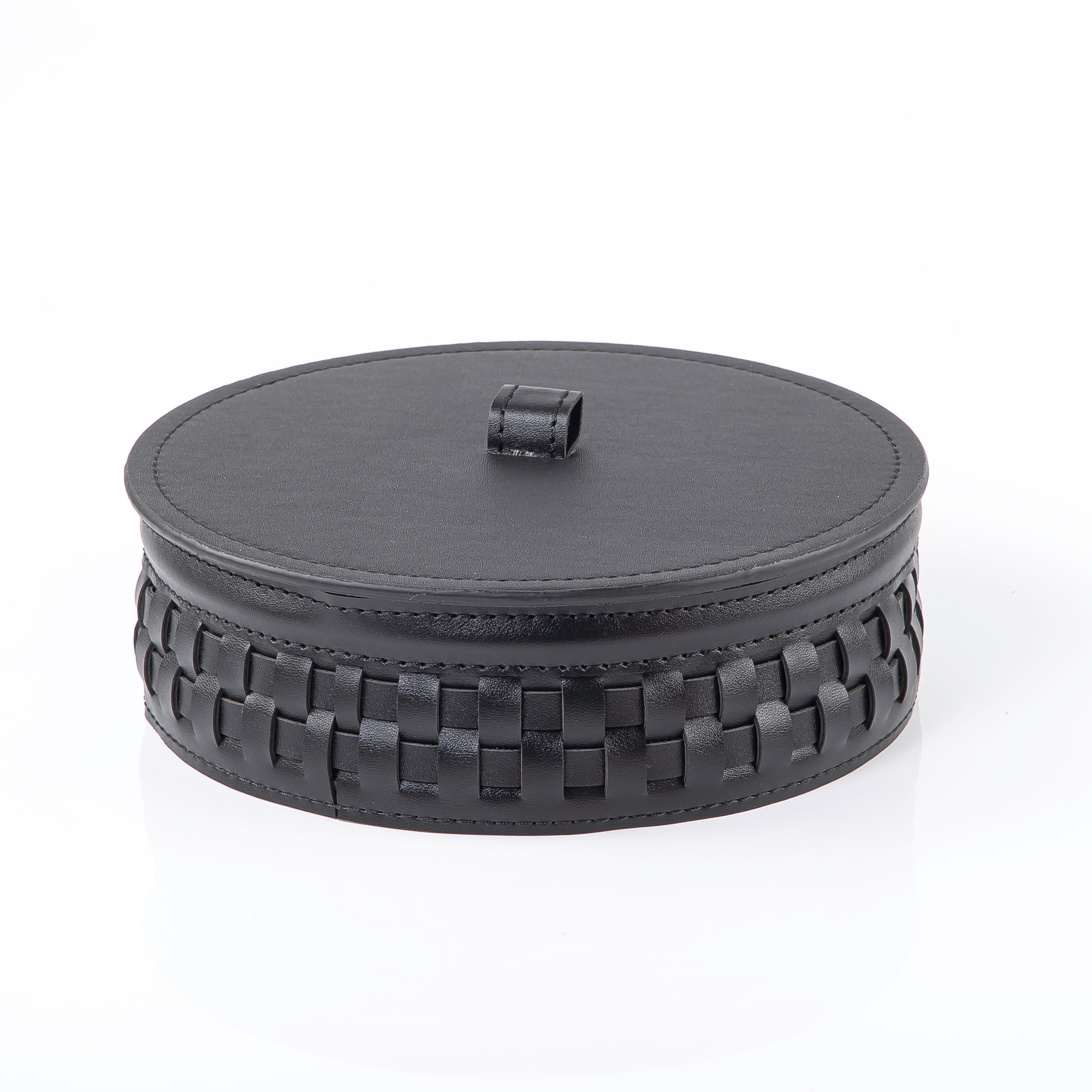 Round Leather Gergean Box with Braided Design and Lid - Large