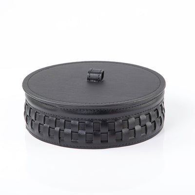 وعاء قرقيعان دائري من الجلد بتصميم مضفَّر وغطاء - كبير