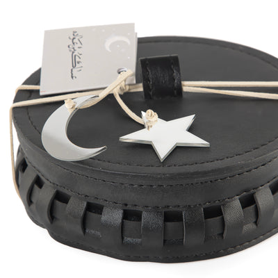 Round Leather Gergean Box with Braided Design and Lid - Medium