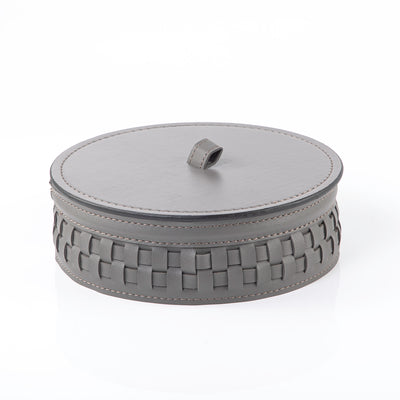 وعاء قرقيعان دائري من الجلد بتصميم مضفَّر وغطاء - كبير