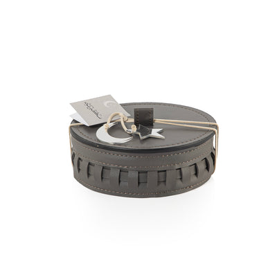 Round Leather Gergean Box with Braided Design and Lid - Medium