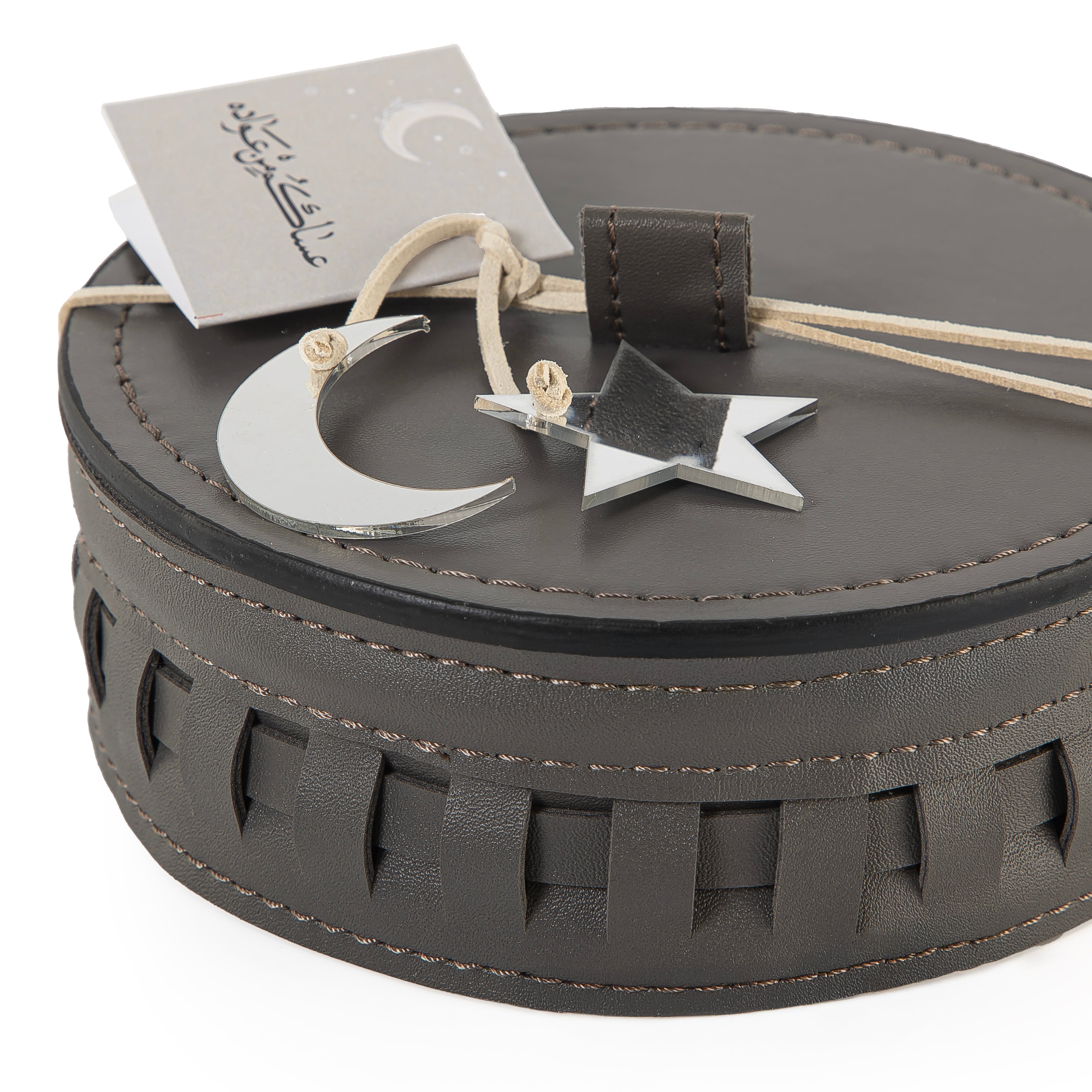 Round Leather Gergean Box with Braided Design and Lid - Medium