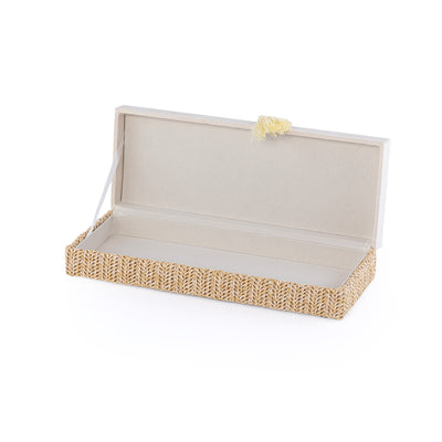 Small Rattan Rectangle Jewelry Box with Cover - Beige