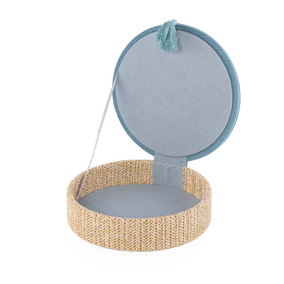 Small Rattan Round Jewelry Box with Cover - Blue