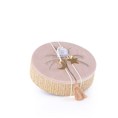 Small Rattan Round Jewelry Box with Cover - Beige