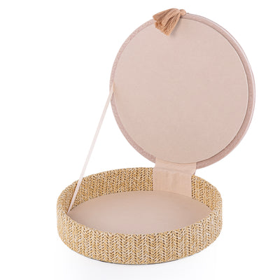 Large Rattan Round Jewelry Box with Cover - Beige