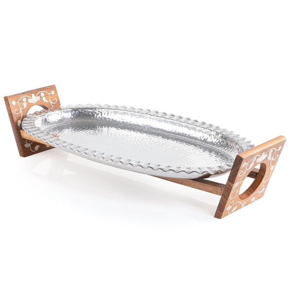 Oval Aluminum Serving Tray with Wood and Mother of Pearl Stand - Large