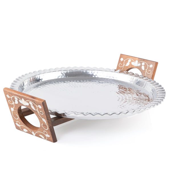 Round Aluminum Serving Tray with Wood and Mother of Pearl Stand - Large