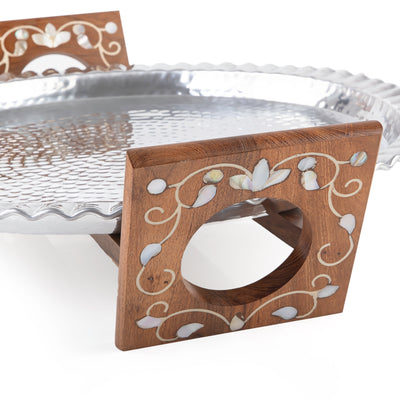 Round Aluminum Serving Tray with Wood and Mother of Pearl Stand - Large