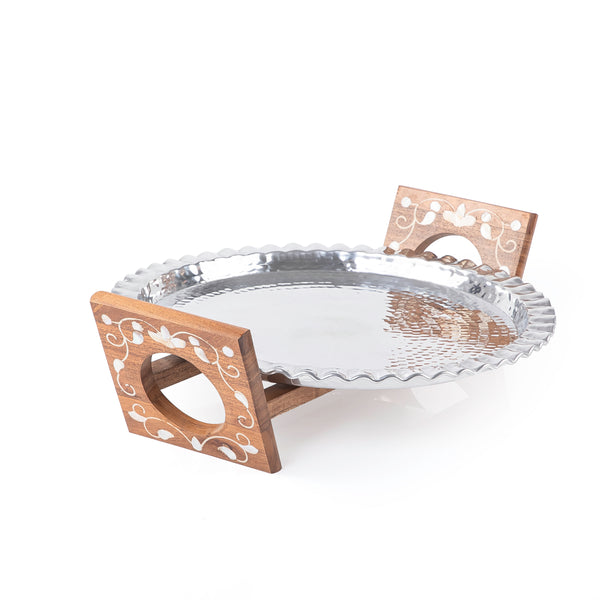 Round Aluminum Serving Tray with Wood and Mother of Pearl Stand - Medium