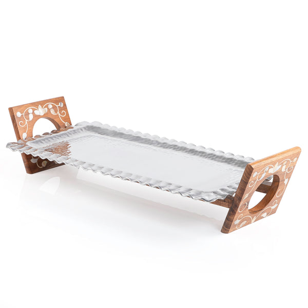 Rectangular Aluminum Serving Tray with Wood and Mother of Pearl Stand - Large