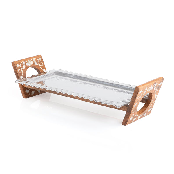 Rectangular Aluminum Serving Tray with Wood and Mother of Pearl Stand - Medium