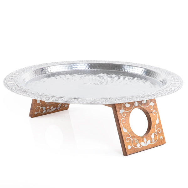 Round Aluminum Serving Tray with Wood and Mother of Pearl Base - Large