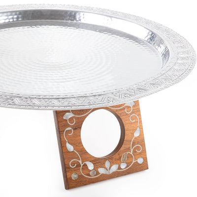 Round Aluminum Serving Tray with Wood and Mother of Pearl Base - Large