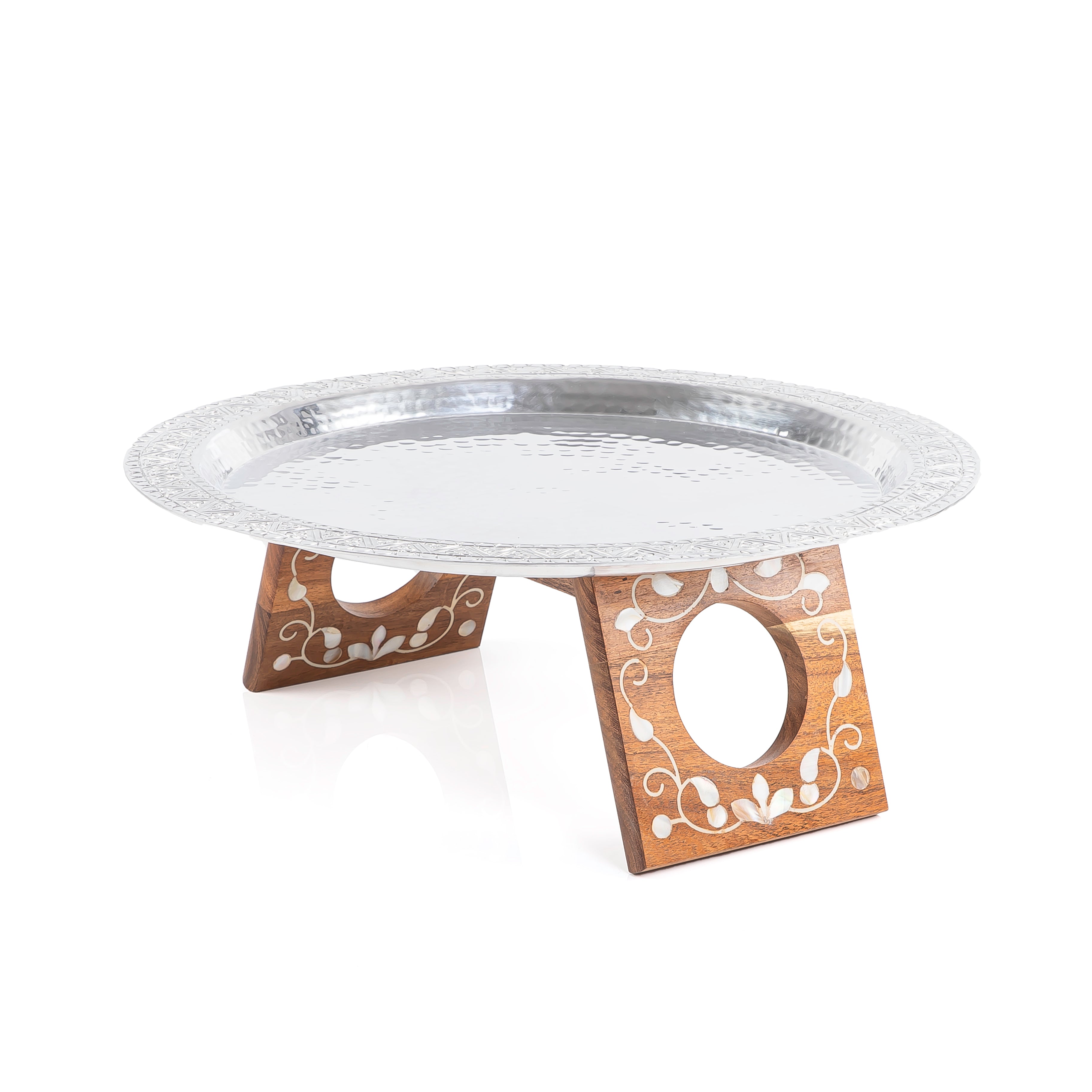 Round Aluminum Serving Tray with Wood and Mother of Pearl Base - Medium