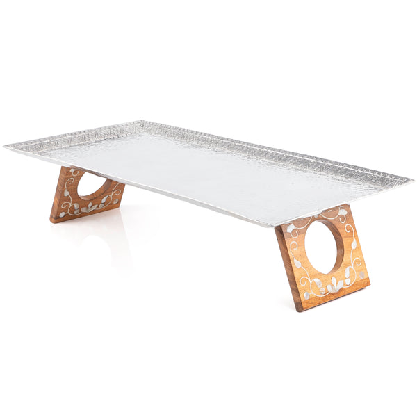 Rectangular Aluminum Serving Tray with Wood and Mother of Pearl Base - Large