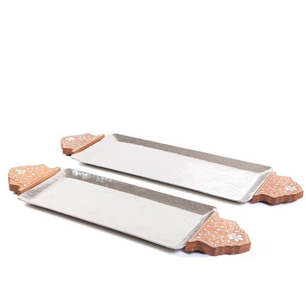 Set Of Silver Rectangular Metal Trays With Wooden Handles