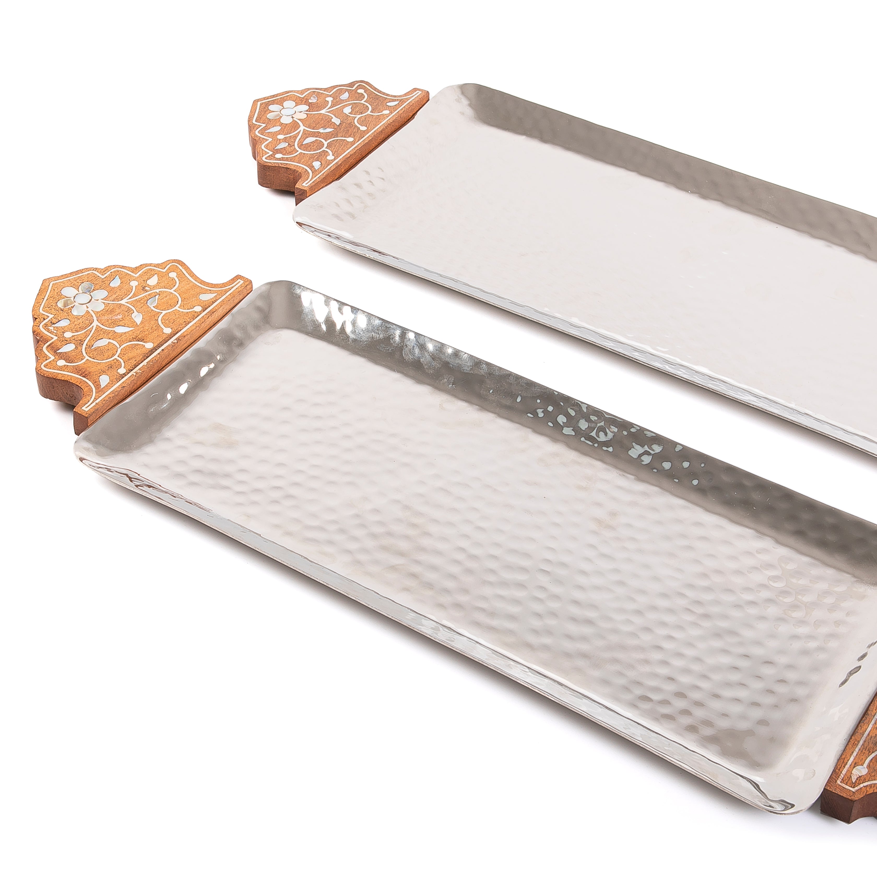 Set Of Silver Rectangular Metal Trays With Wooden Handles
