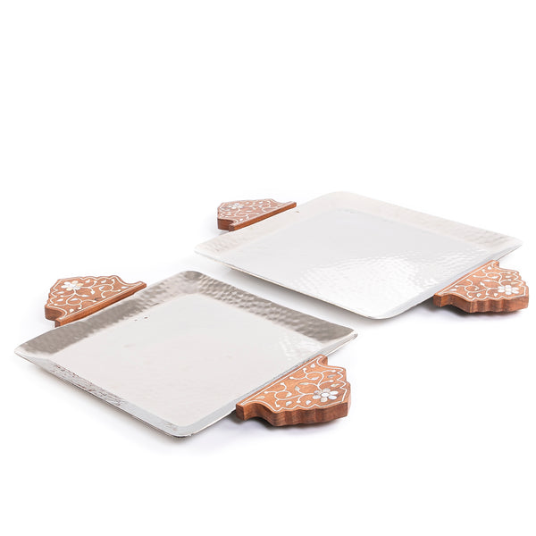 Set Of Silver Square Metal Trays With Wooden Handles