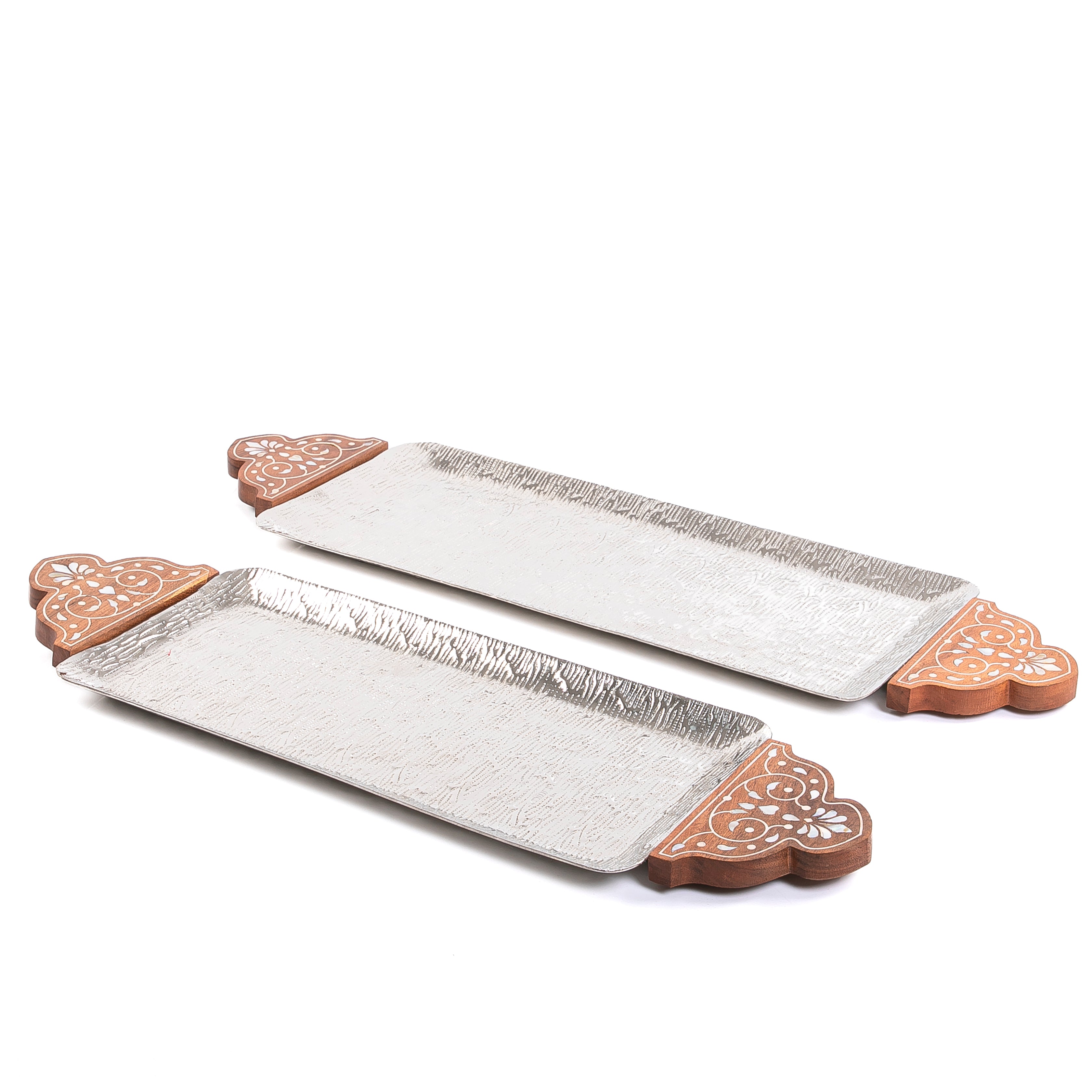 Set Of Silver Rectangular Metal Trays With Wooden Handles