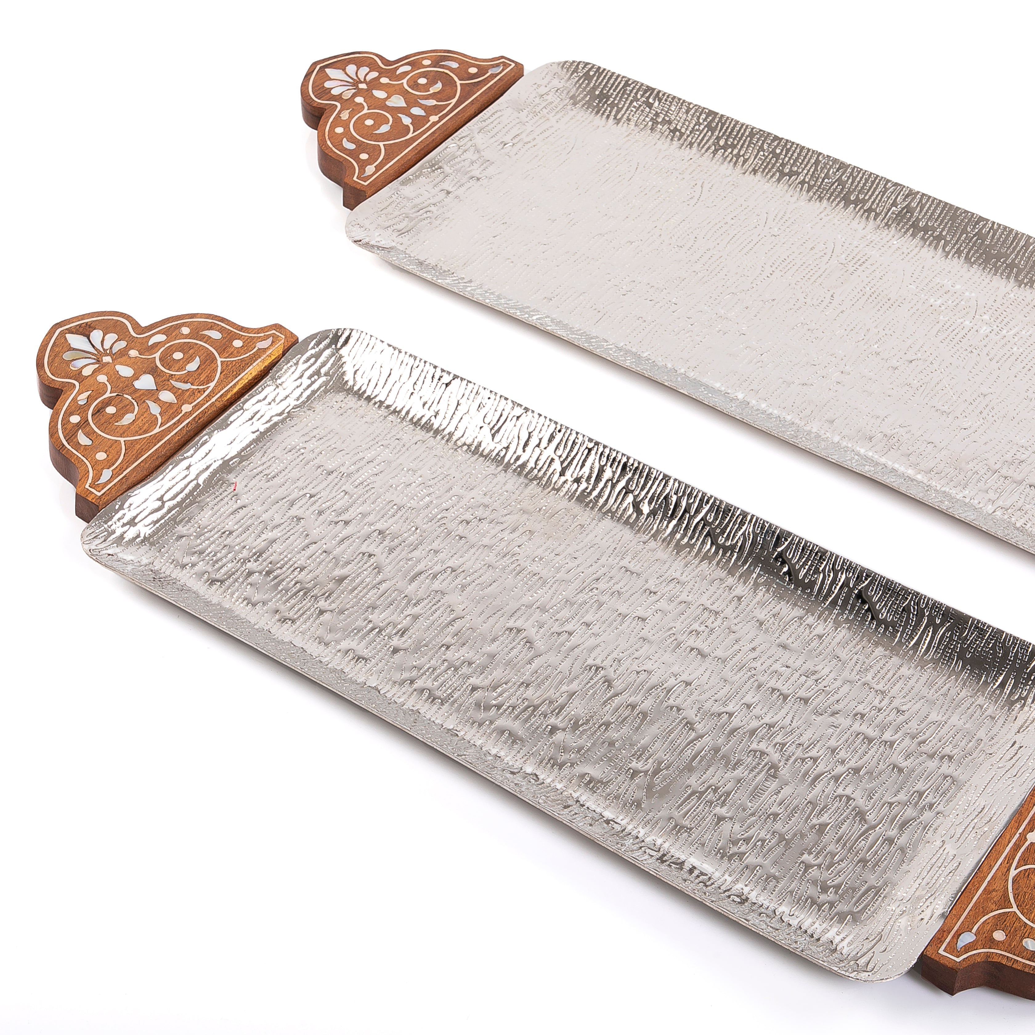 Set Of Silver Rectangular Metal Trays With Wooden Handles