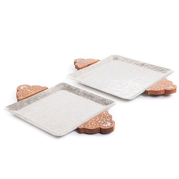 Set Of Silver Square Metal Trays With Wooden Handles