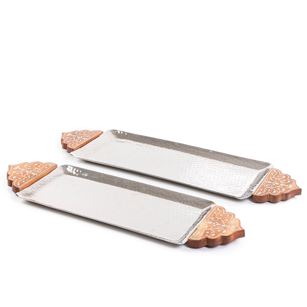 Set Of Silver Rectangular Metal Trays With Wooden Handles