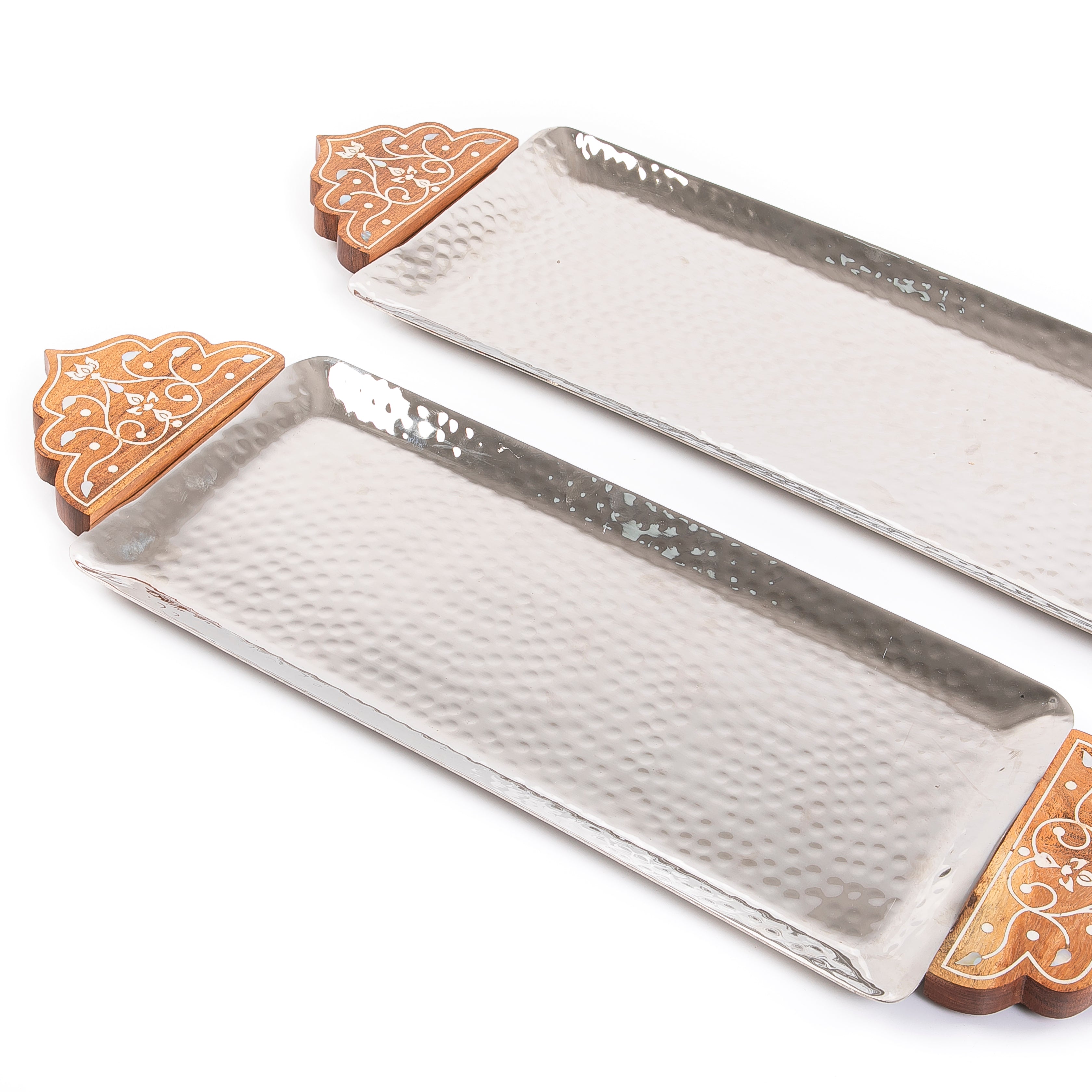 Set Of Silver Rectangular Metal Trays With Wooden Handles