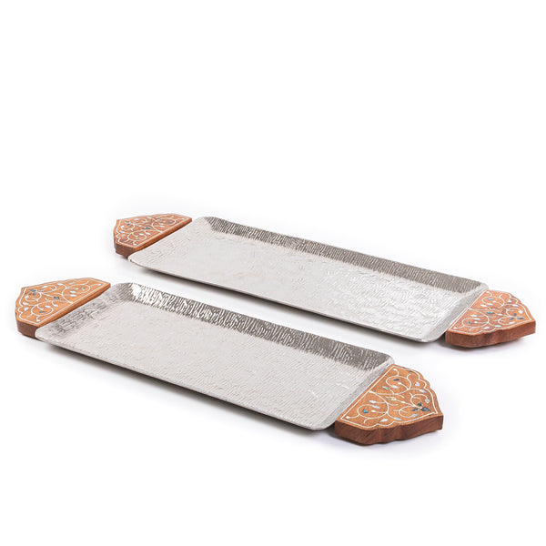 Set Of Silver Rectangular Metal Trays With Wooden Handles