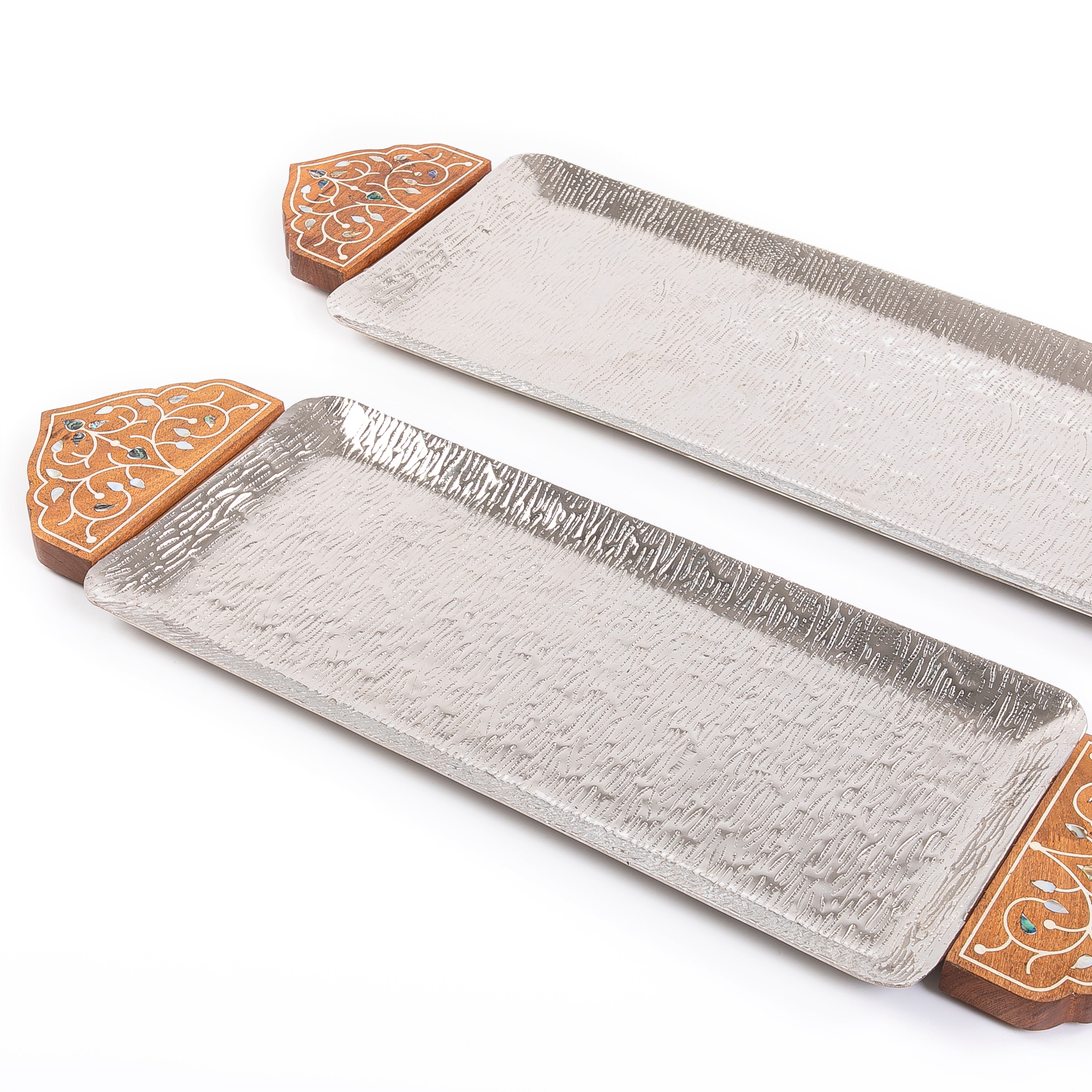 Set Of Silver Rectangular Metal Trays With Wooden Handles
