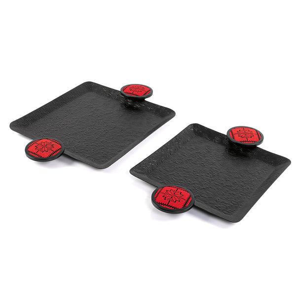 Set Of Square Metal Trays With Embroidered Fabric Handles