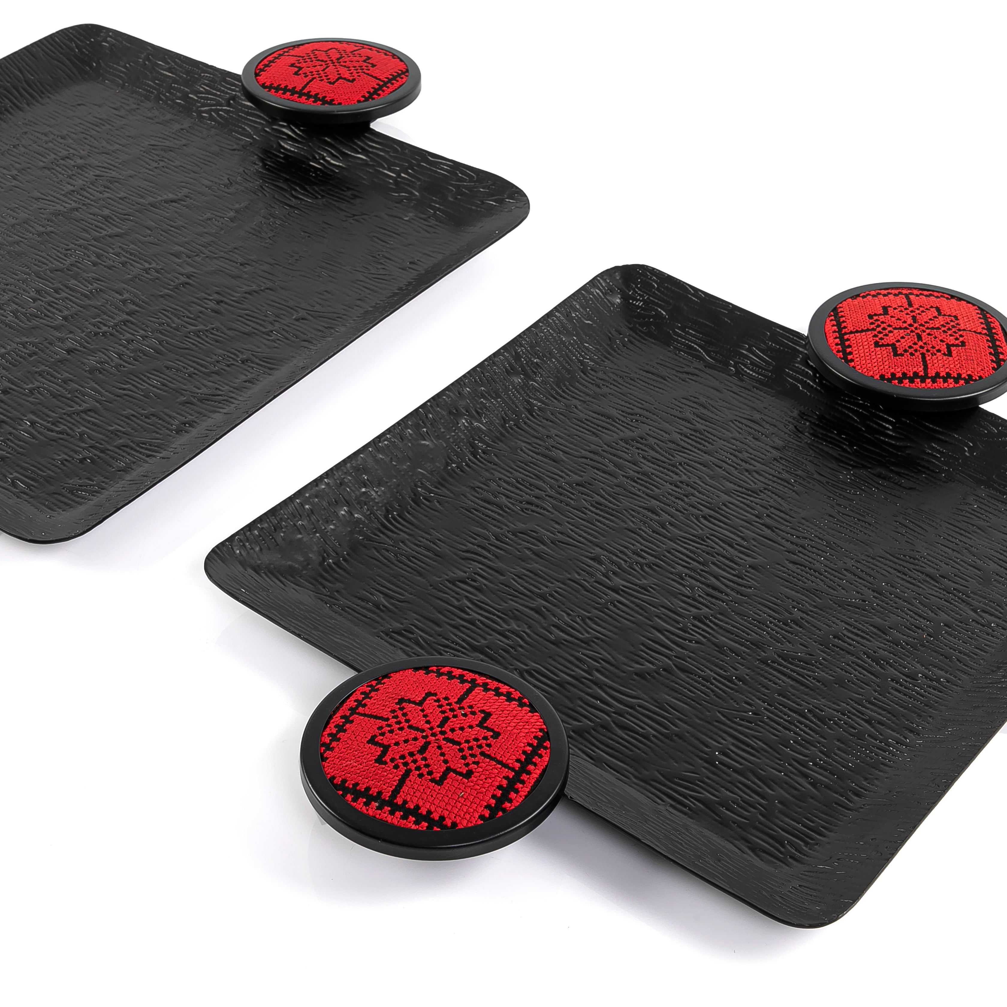 Set Of Square Metal Trays With Embroidered Fabric Handles