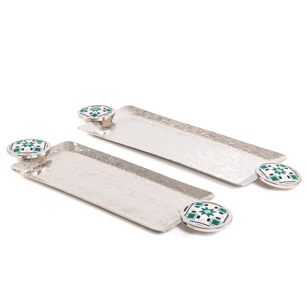 Rectangular Metal Set Trays With Embroidered Fabric Handles