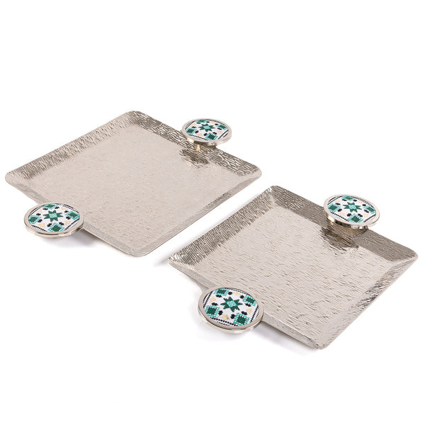 Set Of Square Metal Trays With Embroidered Fabric Handles