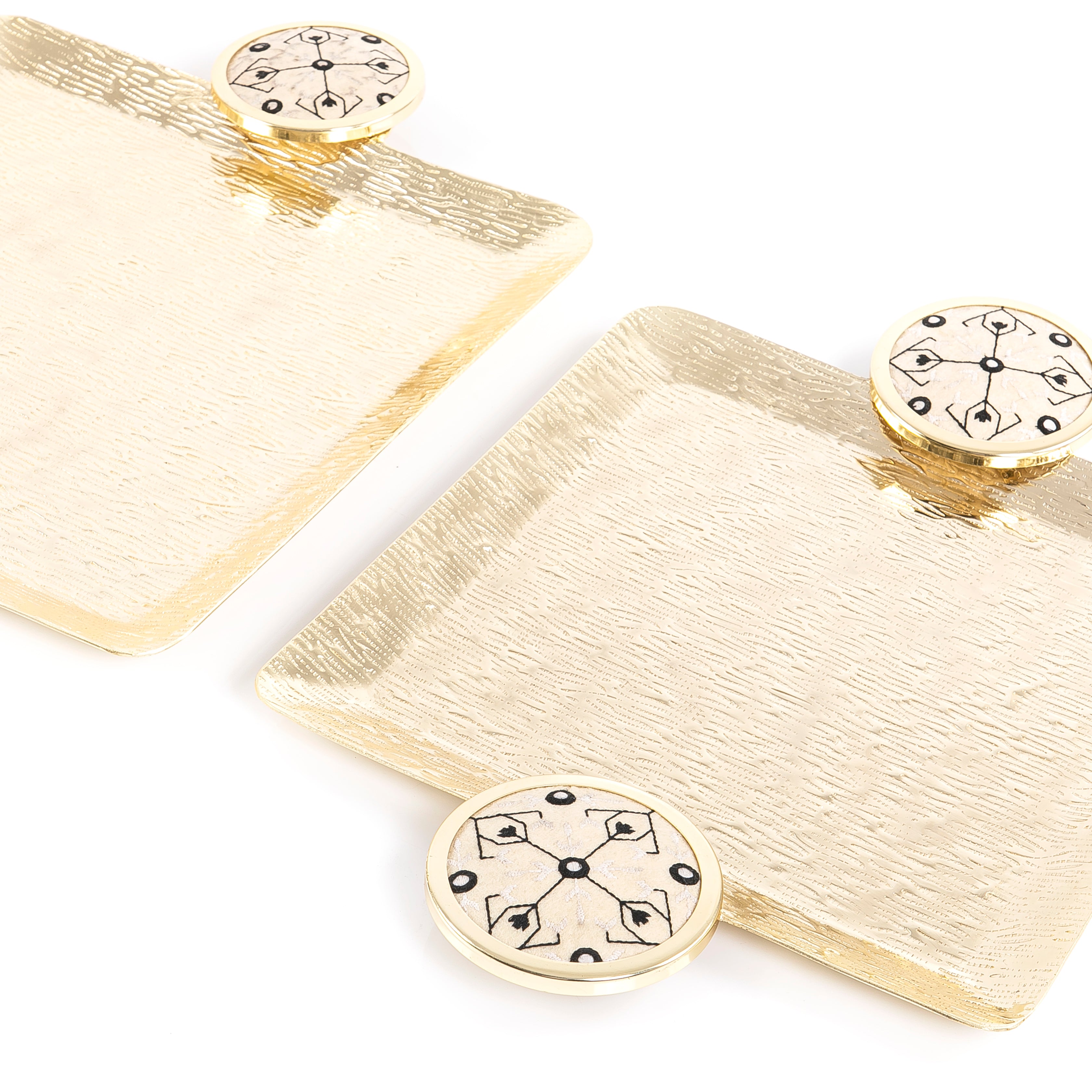 Set Of Square Metal Trays With Embroidered Fabric Handles