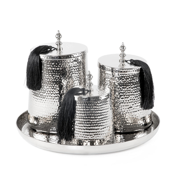 Nickel Serving Set with 3 Jars and
  Tray in Hammered Design