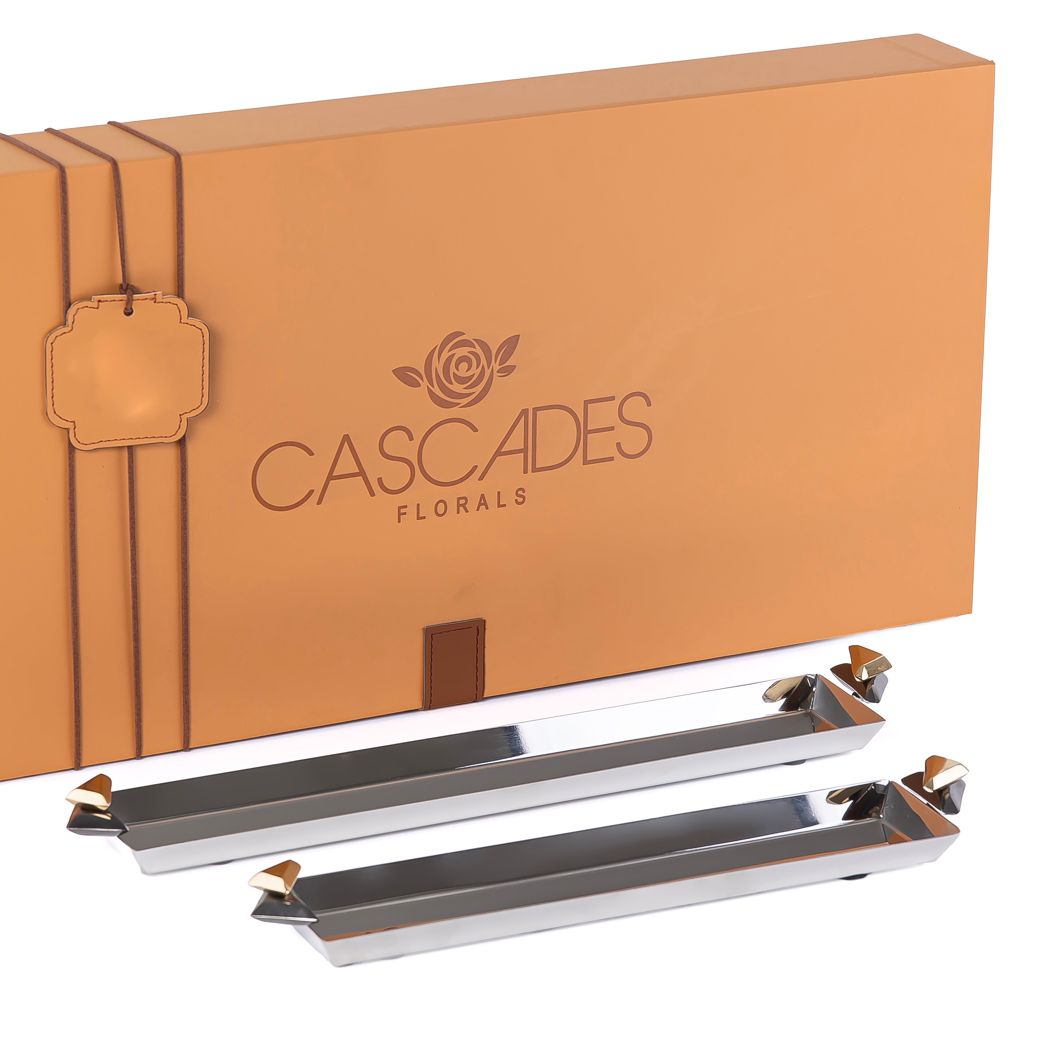 طقم مكون من 2 صينية معدن طويلة للتقديم مع بوكس هدايا - ذهبي & أسود