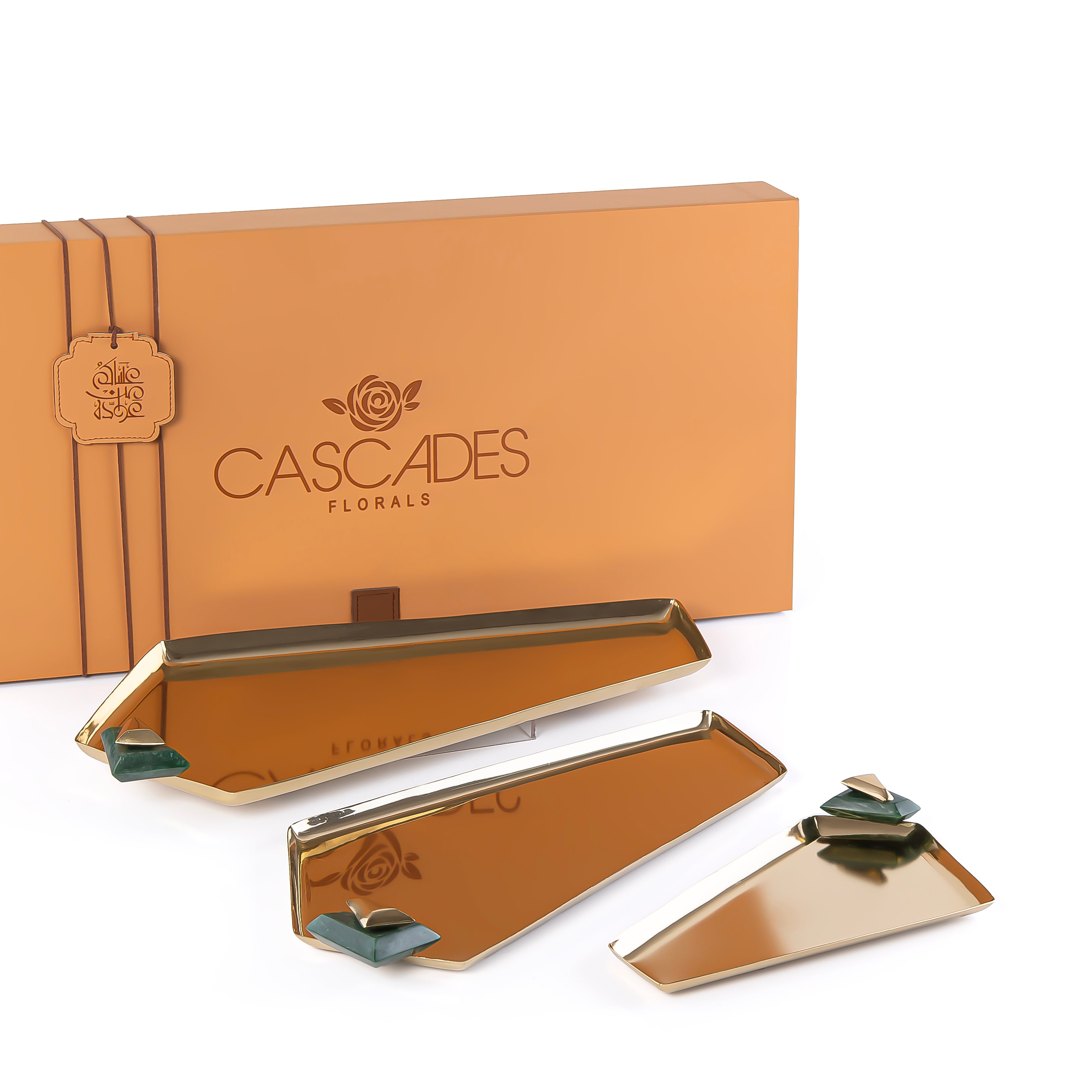 Set of 3 Metal Tray with gift box - Gold & Green