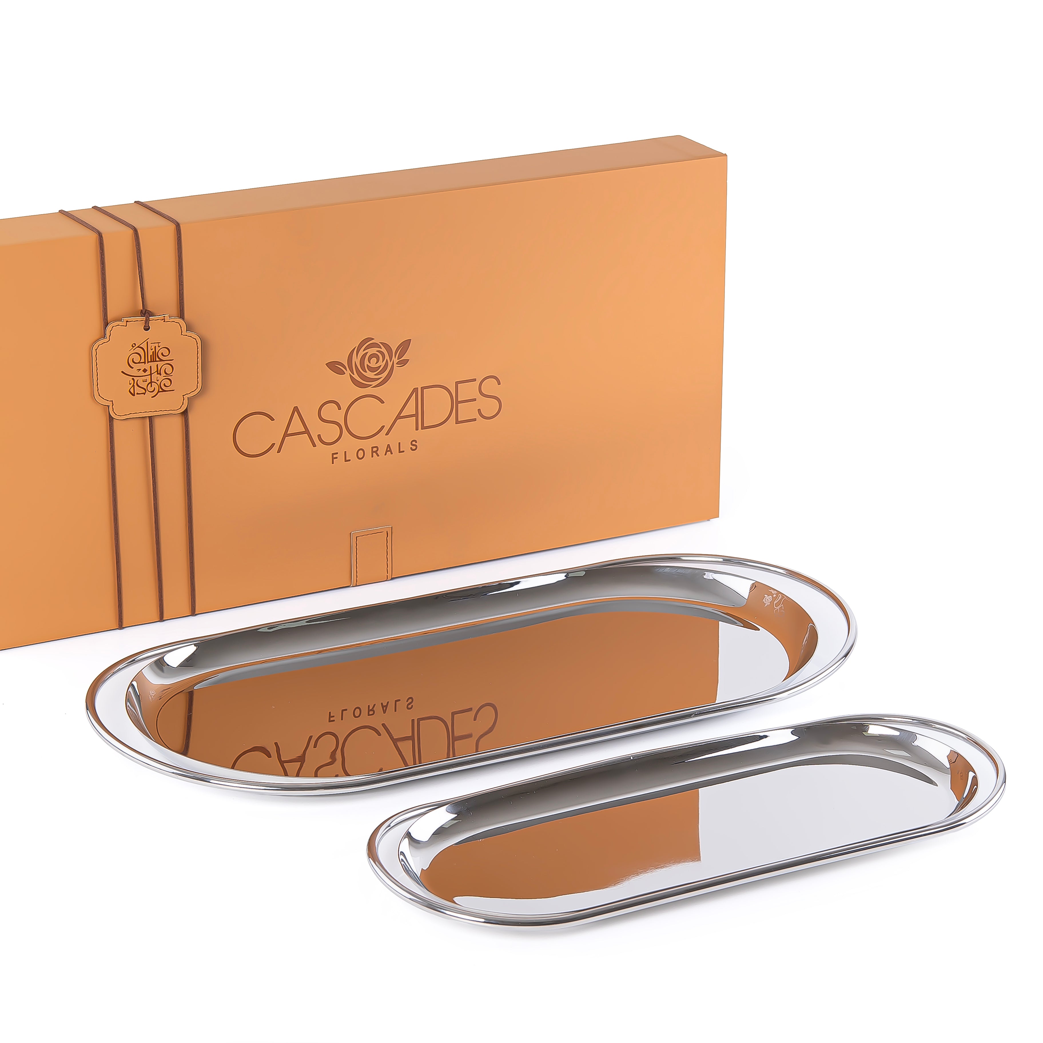 طقم مكون من 2 صينية تقديم معدن علي شكل بيضاوي مع بوكس هدايا - فضي