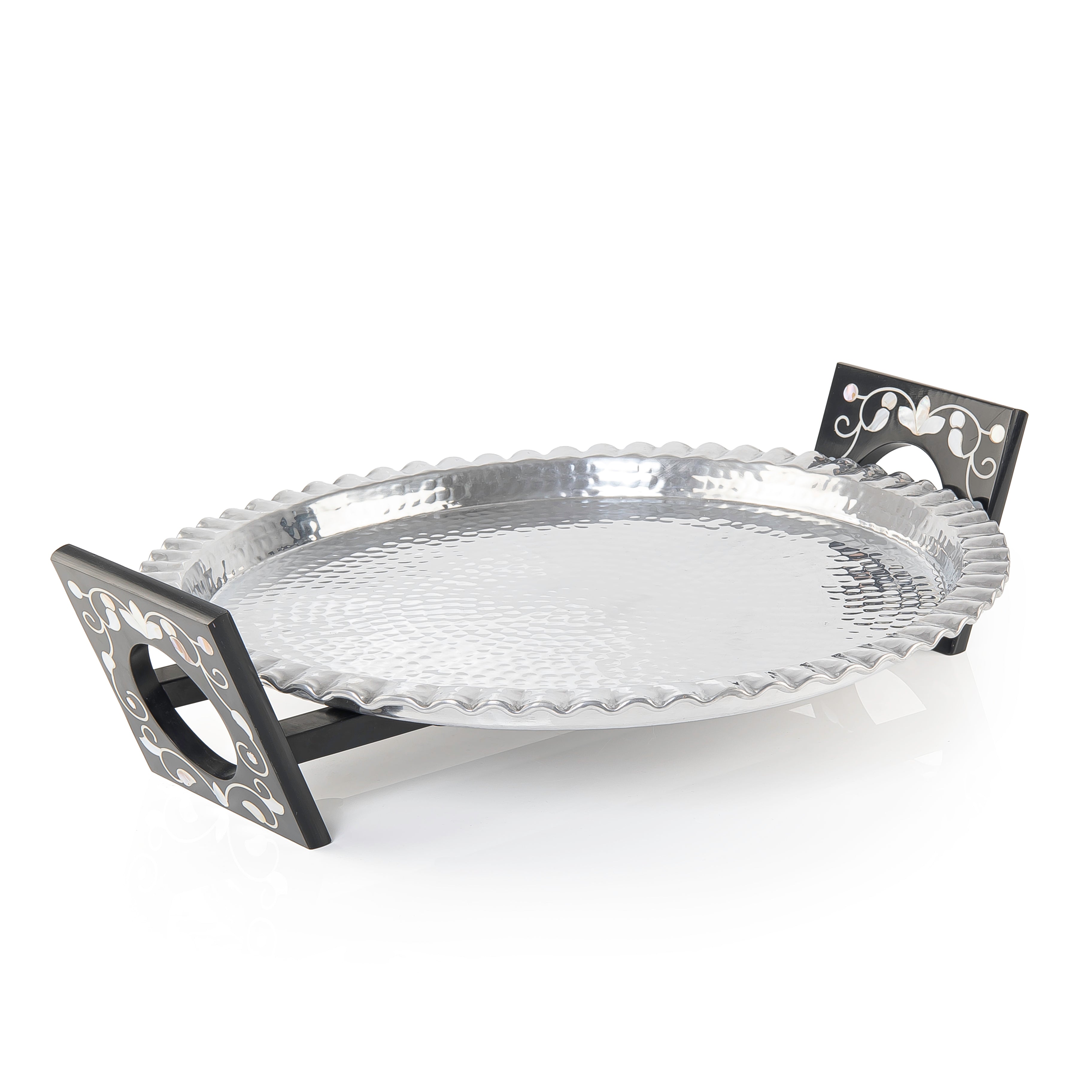 صينية تقديم دائرية من الألومنيوم مع حامل من الخشب والصدف - كبير