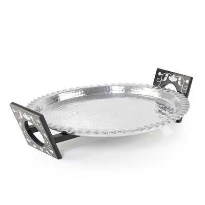 Round Aluminum Serving Tray with Wood and Mother of Pearl Stand - Large