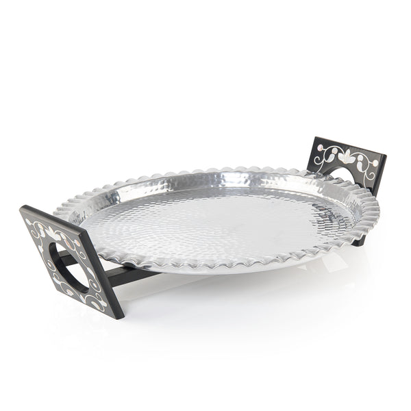 صينية تقديم دائرية من الألومنيوم مع حامل من الخشب والصدف - كبير