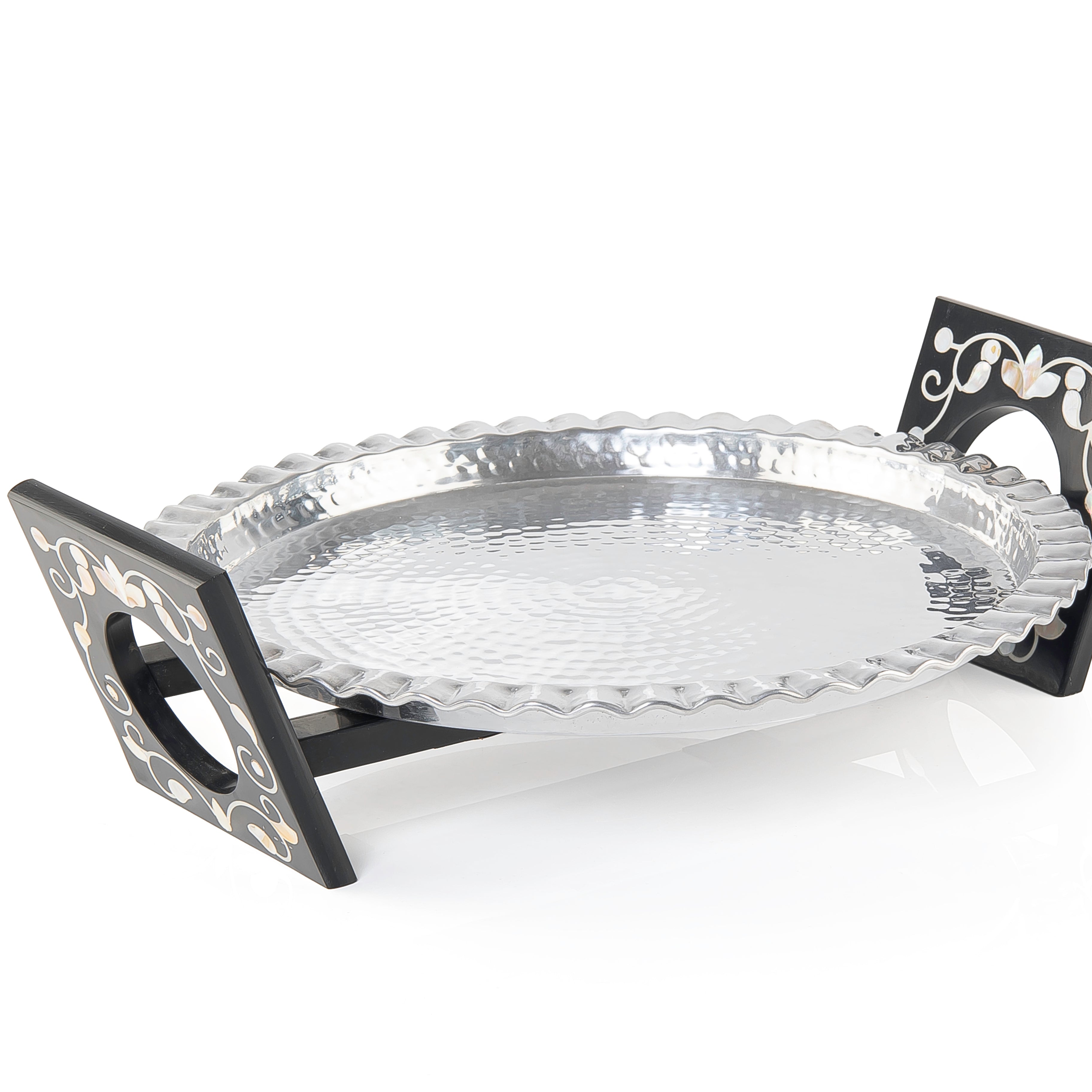 Round Aluminum Serving Tray with Wood and Mother of Pearl Stand - Medium