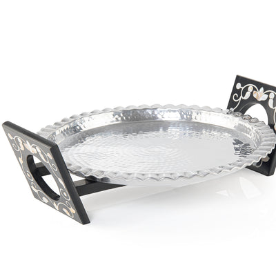 Round Aluminum Serving Tray with Wood and Mother of Pearl Stand - Medium