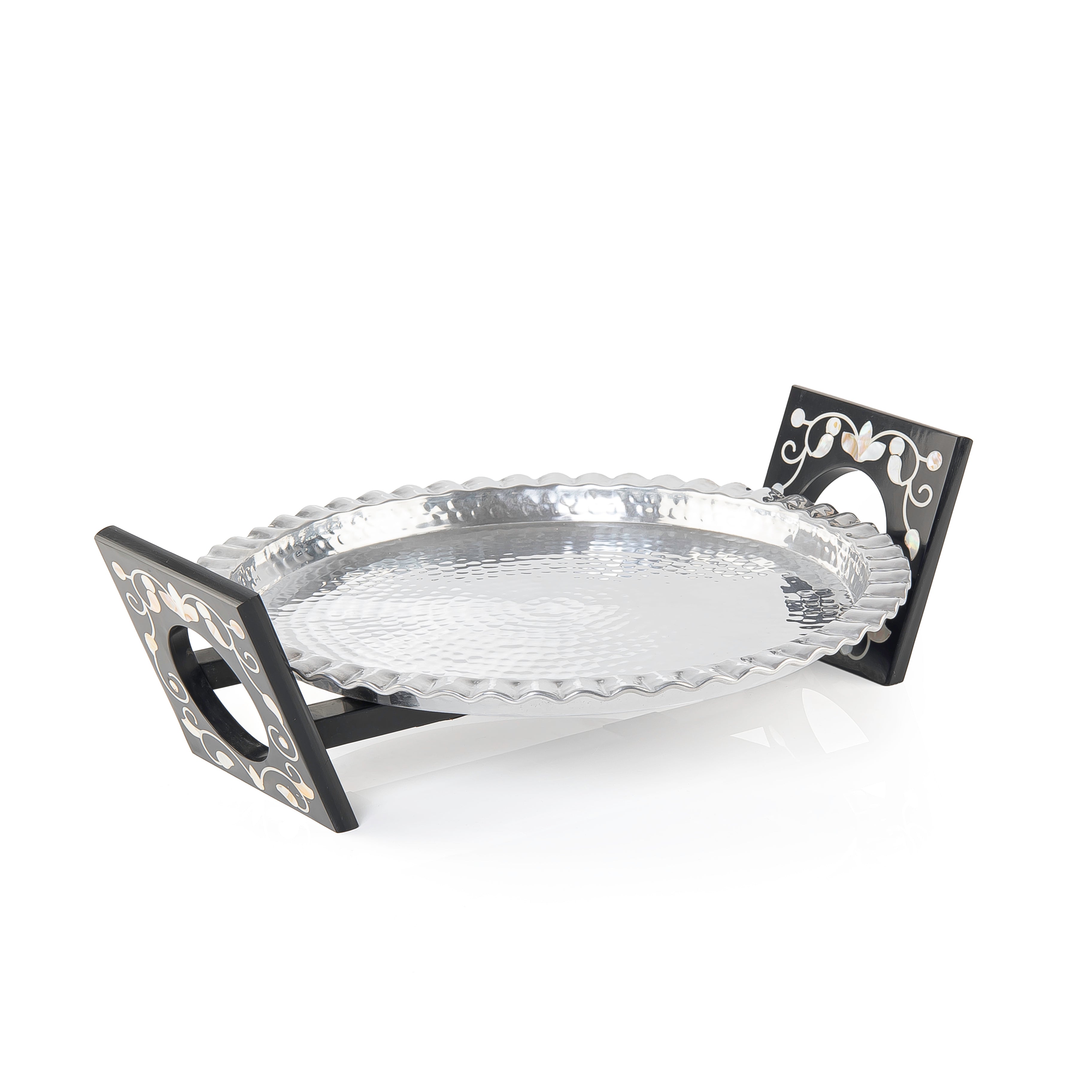 Round Aluminum Serving Tray with Wood and Mother of Pearl Stand - Medium