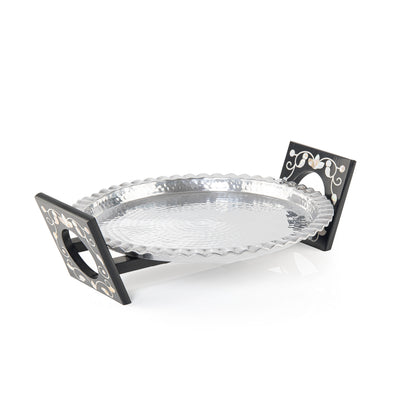 Round Aluminum Serving Tray with Wood and Mother of Pearl Stand - Medium