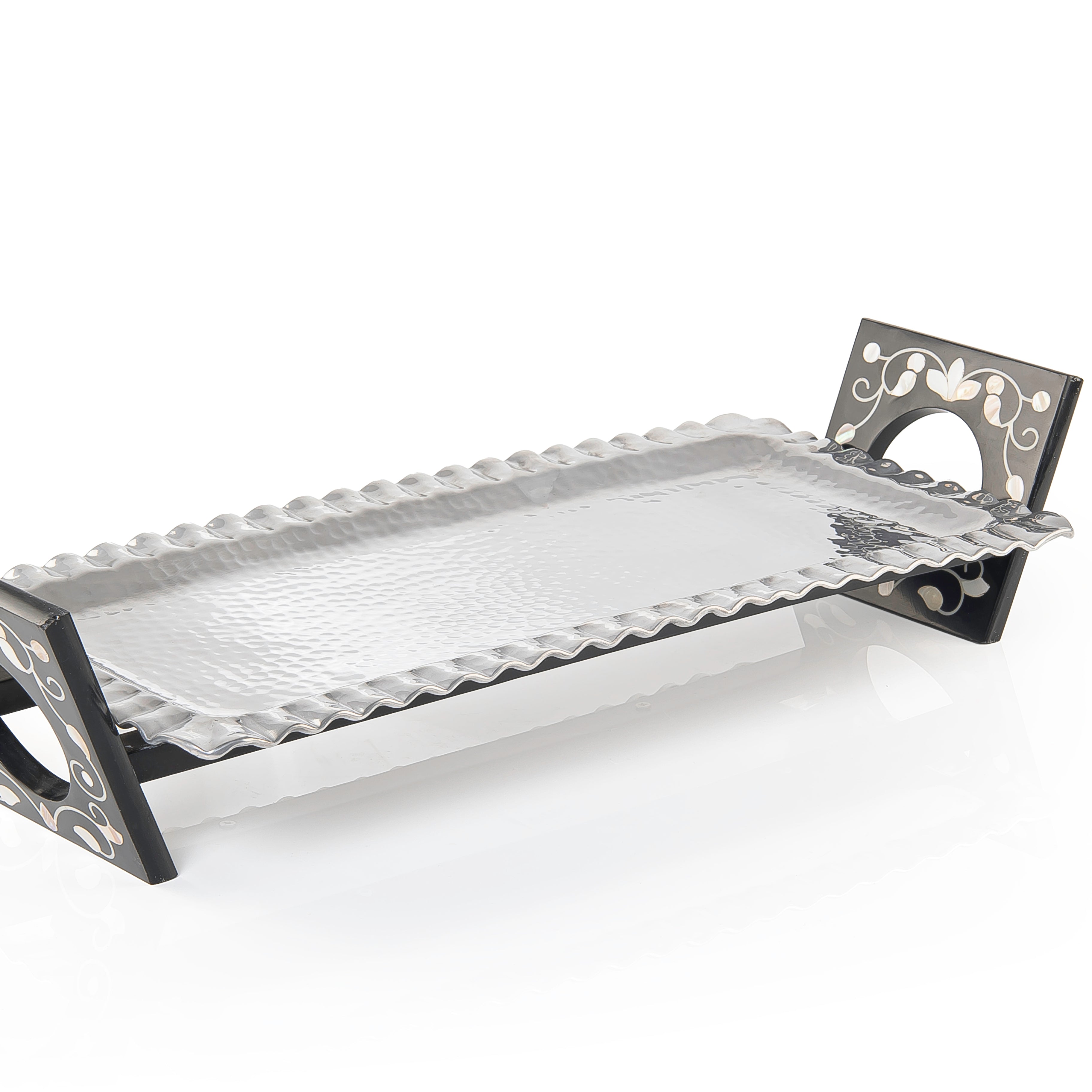 Rectangular Aluminum Serving Tray with Wood and Mother of Pearl Stand - Large