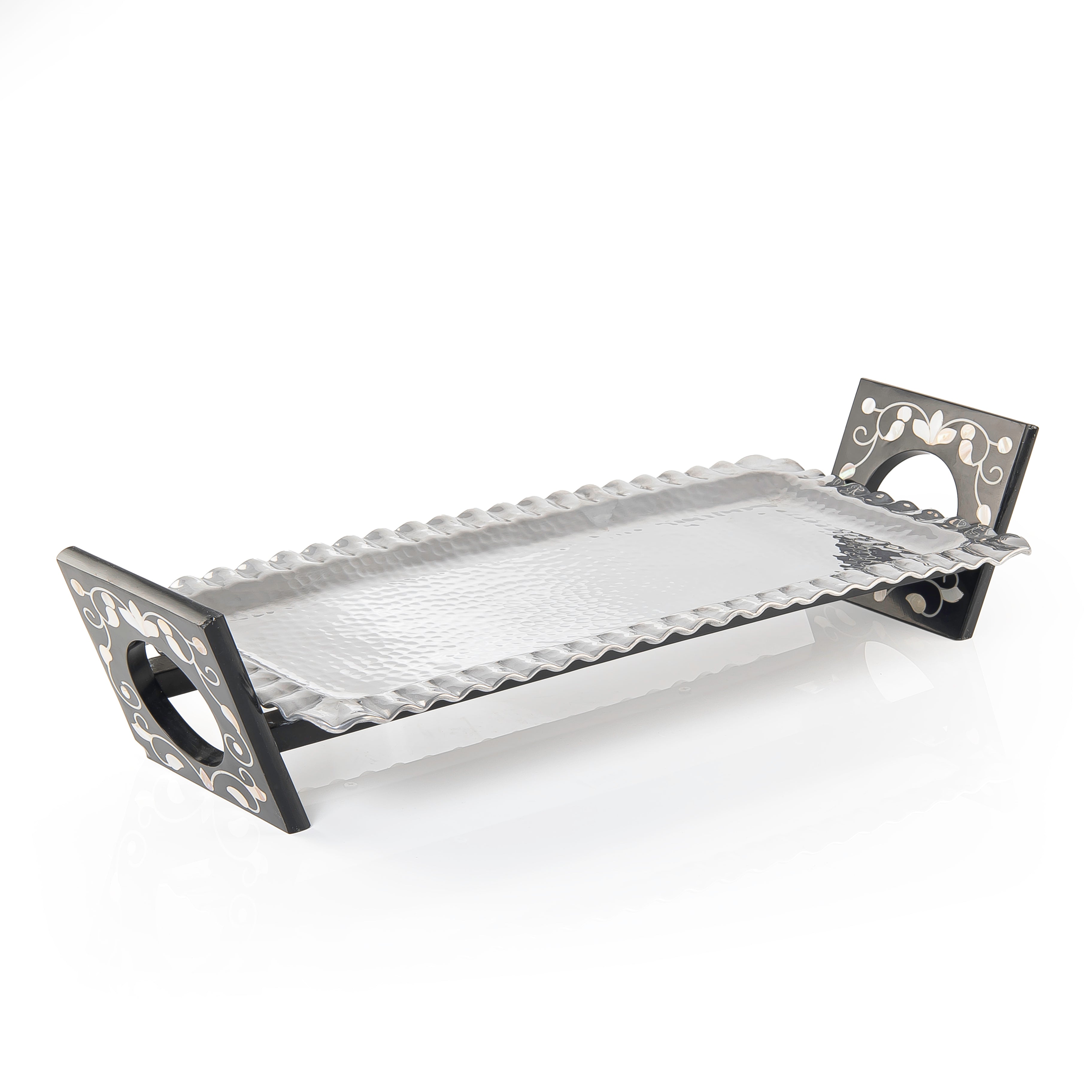 Rectangular Aluminum Serving Tray with Wood and Mother of Pearl Stand - Large