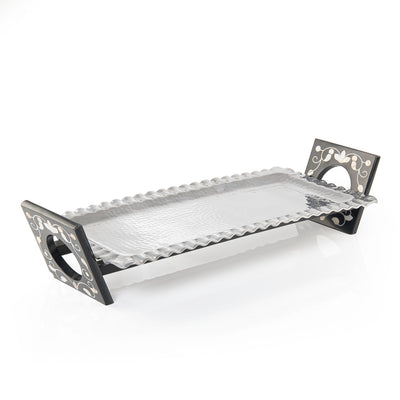 Rectangular Aluminum Serving Tray with Wood and Mother of Pearl Stand - Large