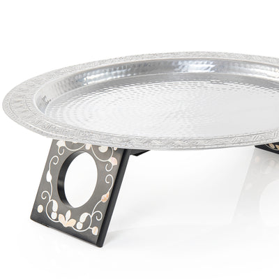 Round Aluminum Serving Tray with Wood and Mother of Pearl Base - Large